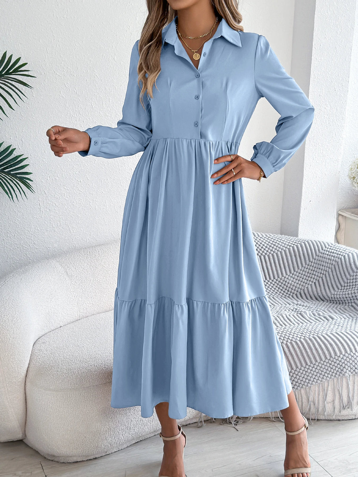 Casual Vacation Long Sleeved Turn-down Collar Single-Breasted Dress Spring Autumn Fashion Women&