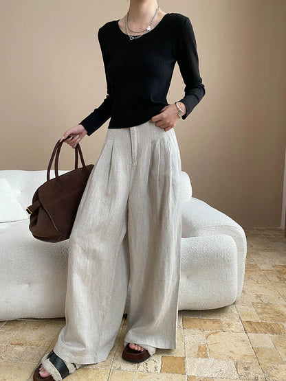 Lightweight travel comfort semi elastic high waist slimming casual wide leg pants