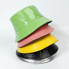 Fashion Shiny Hip-Hop Bucket Hat for Women Men PU Leather Waterproof Panama Cap Summer Fisherman Cap Bob Sun Hat Fishing Cap