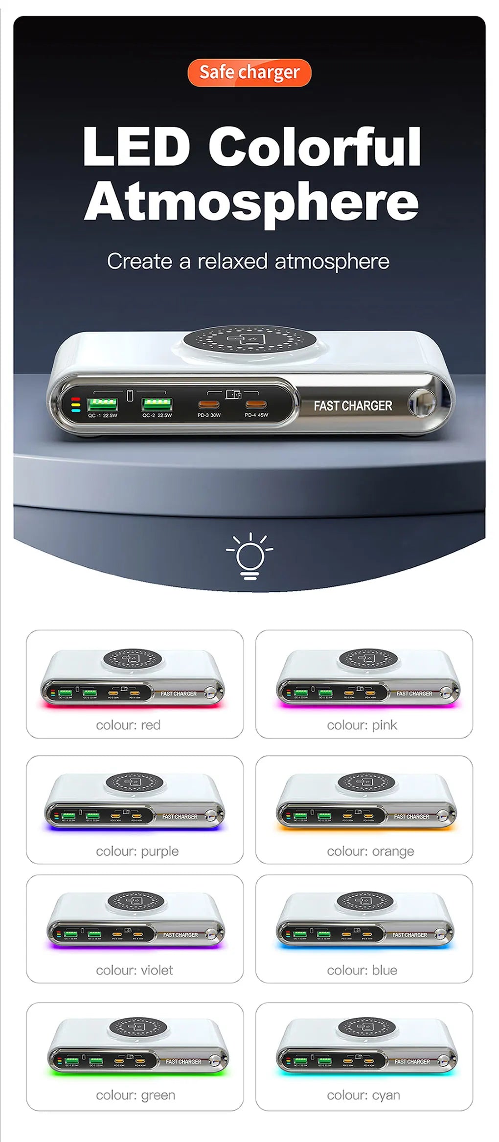 72W Multifunction Wireless Charger with USB C Quick Ports