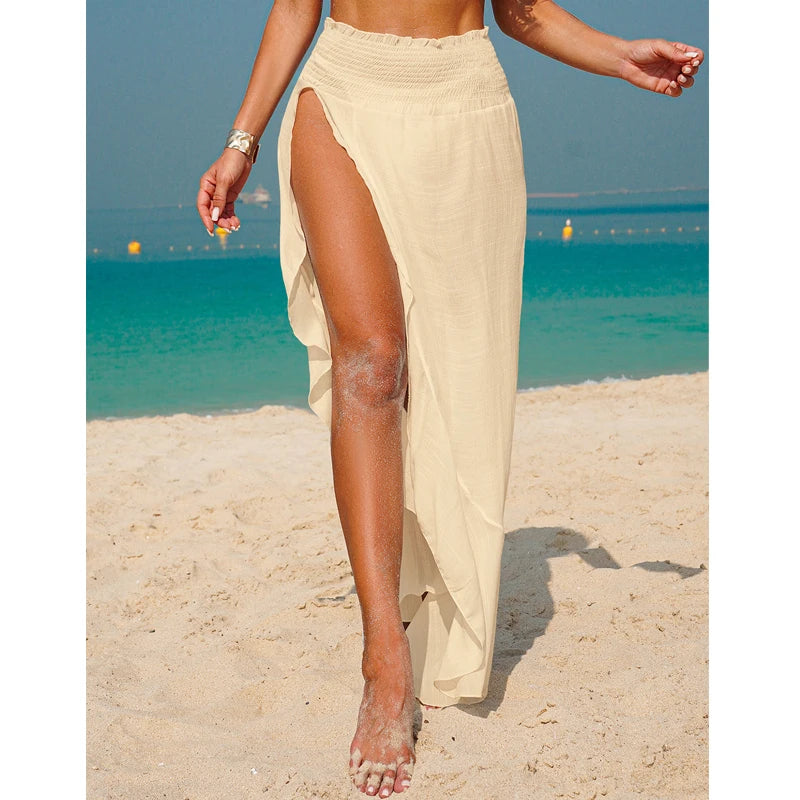 Fashion Simple Irregular Hem Beach Vacation Cover-Up Skirt, Solid Color Transparent Side Slit Half Skirt, Casual Style