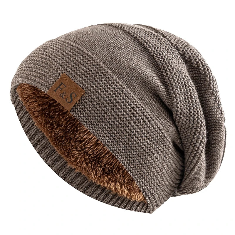 Unisex Fur Lined Winter Beanie Hat Warm Knitted Cap