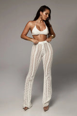 Beach Wear Straight Pant Vacation Outfits Clothes For Women Knitted Hollow Out Lace-Up Causal Trousers Solid Color