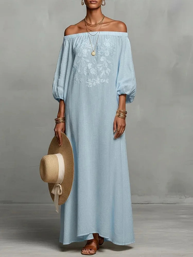 Vacation One Shoulder Linen Bohemian Dress for Women Sleeve