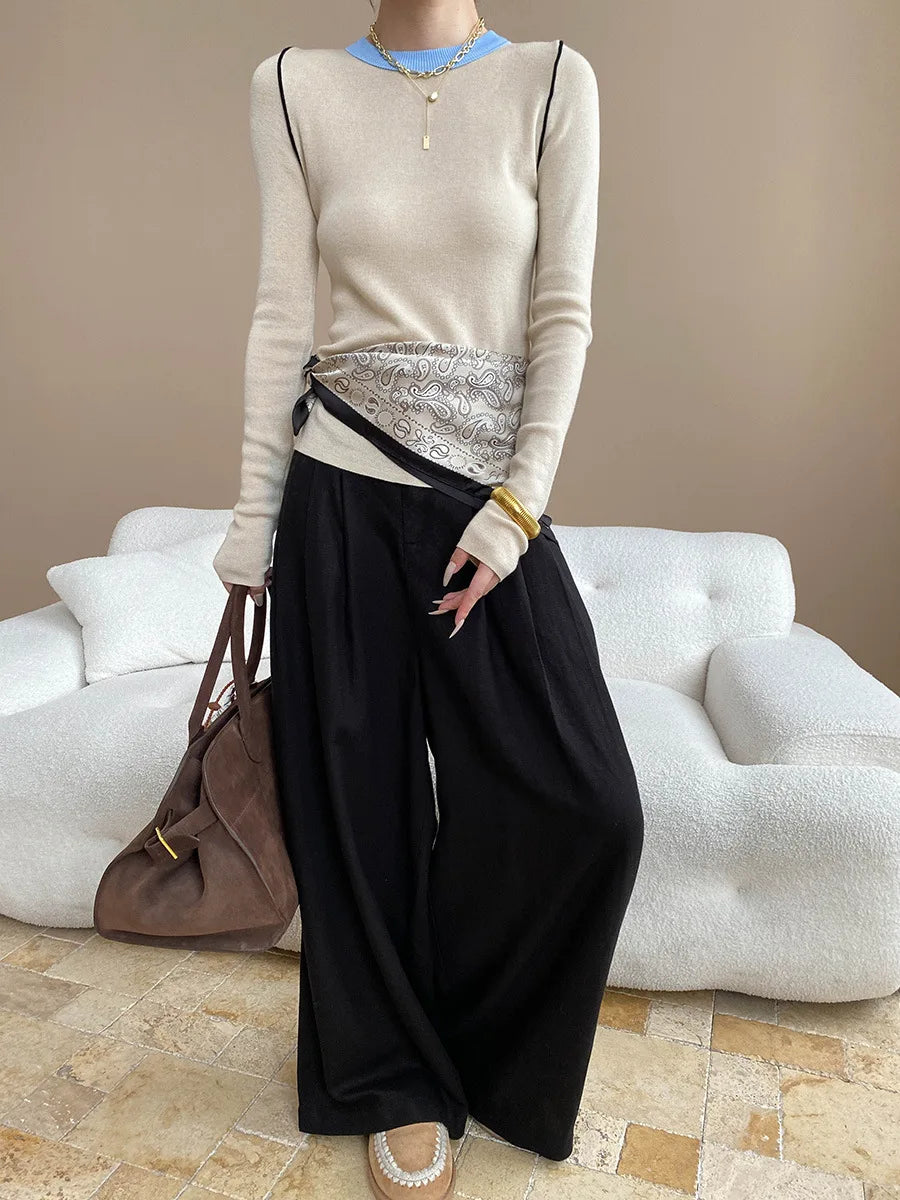 Lightweight travel comfort semi elastic high waist slimming casual wide leg pants