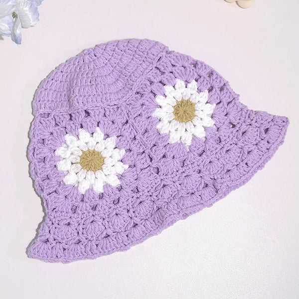 Women Muticolor Crochet Korean Handmade Bucket Hat Women Weaving Knitted Hat Y2k Fashion Flowers Autumn Winter Beanies Basin Cap