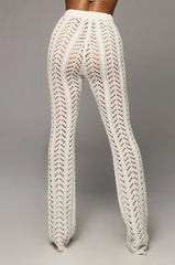 Beach Wear Straight Pant Vacation Outfits Clothes For Women Knitted Hollow Out Lace-Up Causal Trousers Solid Color