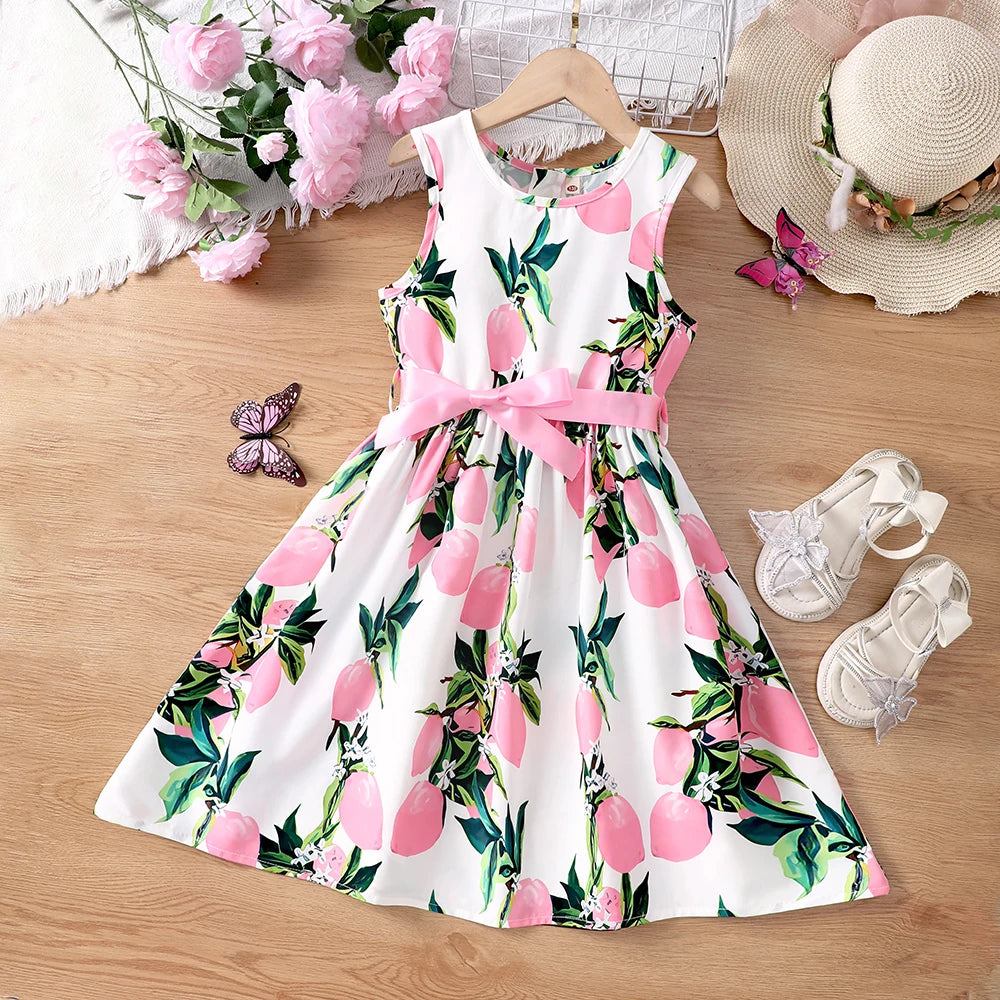 Girls' summer vacation style sleeveless vest dress with bow belt dress