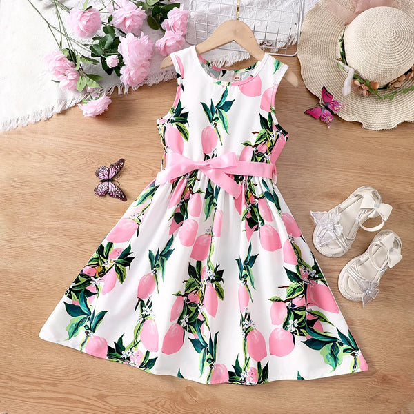 Girls' summer vacation style sleeveless vest dress with bow belt dress