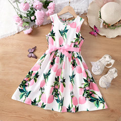Girls' summer vacation style sleeveless vest dress with bow belt dress