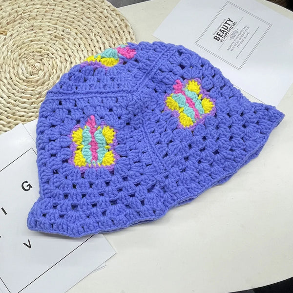 Women Muticolor Crochet Korean Handmade Bucket Hat Women Weaving Knitted Hat Y2k Fashion Flowers Autumn Winter Beanies Basin Cap