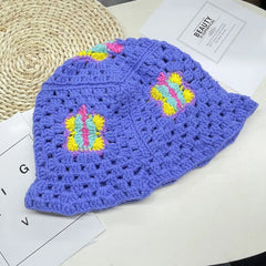 Women Muticolor Crochet Korean Handmade Bucket Hat Women Weaving Knitted Hat Y2k Fashion Flowers Autumn Winter Beanies Basin Cap