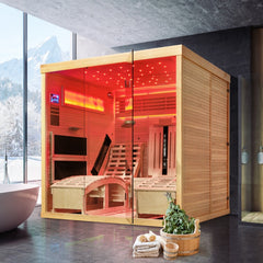 Luxurious 2-Person Infrared Sauna with Recliners, 7-Color Starry Ceiling, 9 Heating Tubes, and Himalayan Salt Panels - Indoor Wooden Sauna for Home Spa Experience